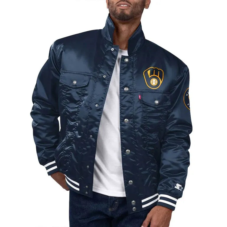 Milwaukee Brewers Silver Tab Trucker Full-Snap Navy Blue Satin Men's Jacket