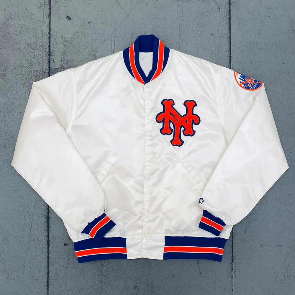 1980’s New York Mets Full-Snap Bomber White Satin Men's Jacket