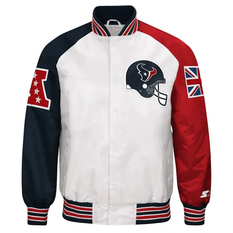 London Limited Edition Houston Texan Full-Snap Varsity Red and Navy Blue Satin Men's Bomber Jacket