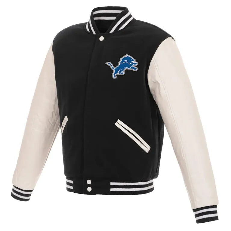 Detroit Lions Black Wool & White Genuine Leather Sleeves Men's Varsity Jacket