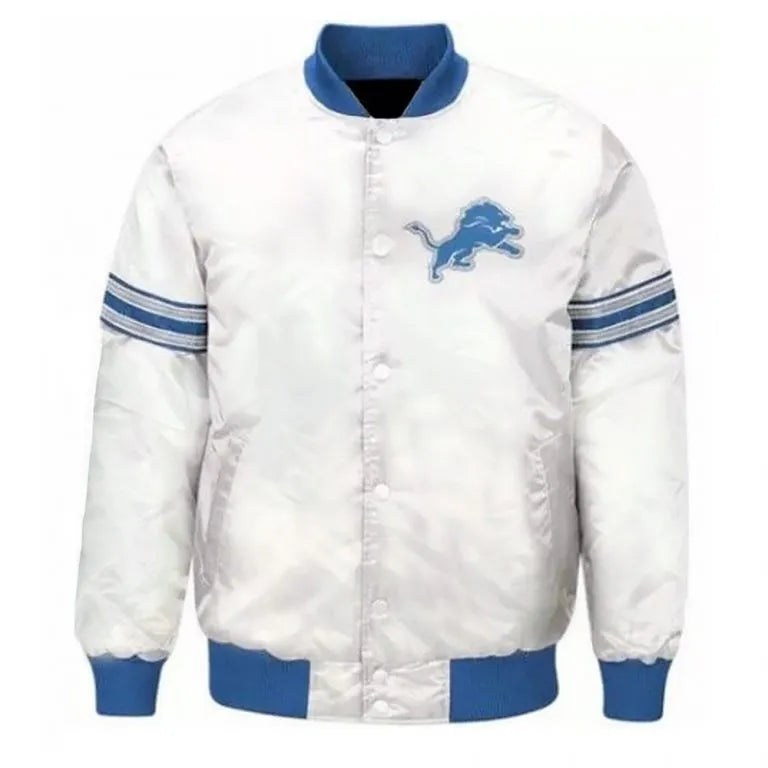 Detroit Lions Striped Full-Snap Varsity White Satin Men's Bomber Jacket