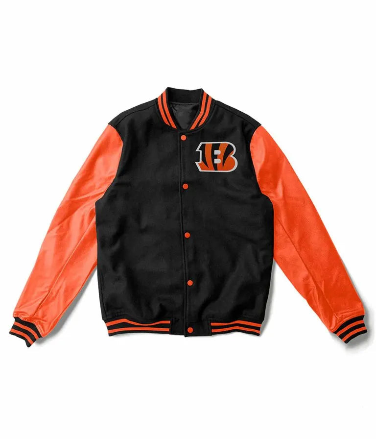 Cincinnati Bengals Black Wool & Orange Genuine Leather Sleeves Men's Varsity Jacket