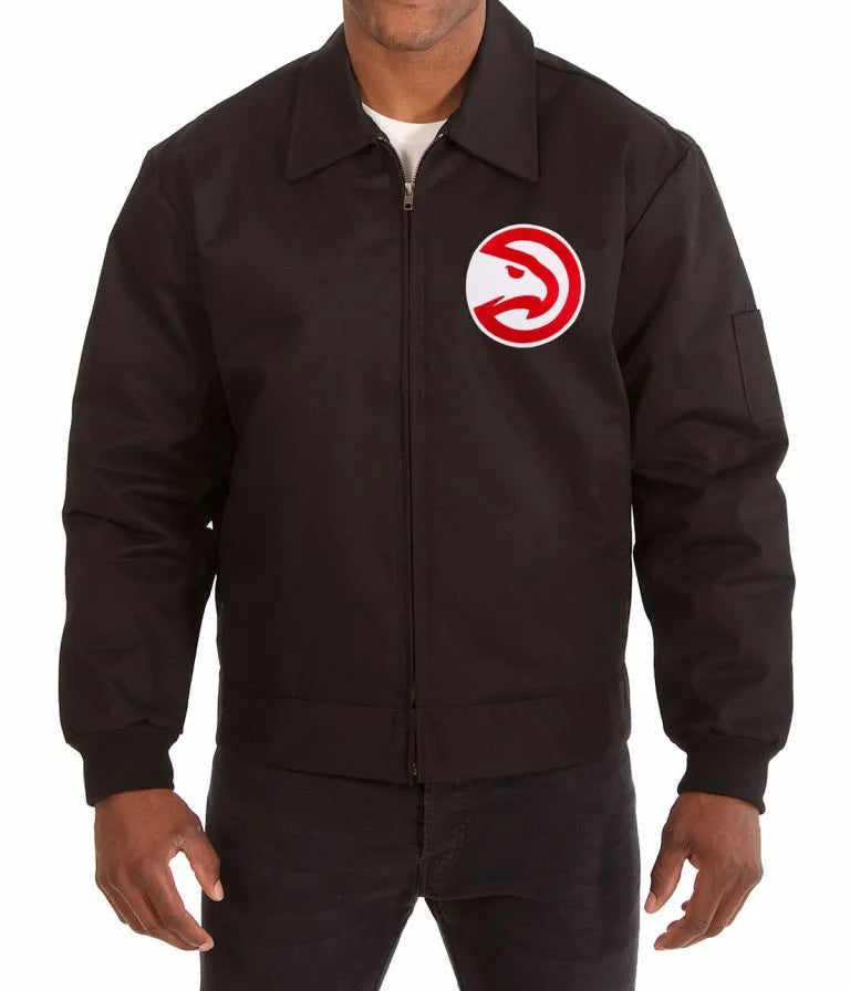 Atlanta Hawks Full-Zip Varsity Workwear Shirt Collar Black Cotton Men's Bomber Jacket