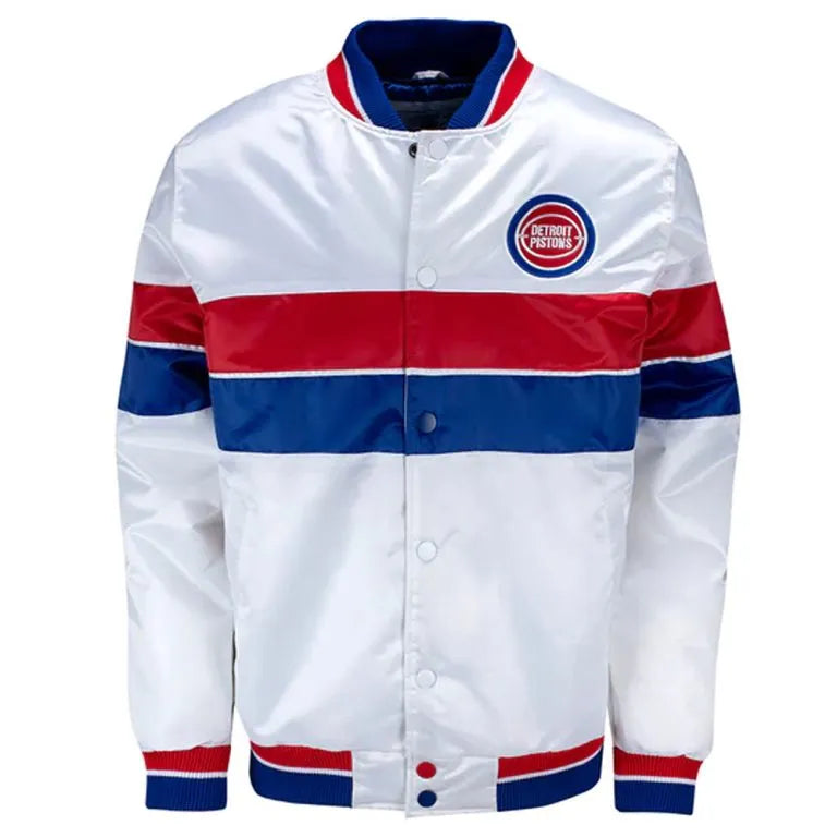 Detroit Pistons 35th Anniversary Full-Snap Varsity White Satin Men's Bomber Jacket