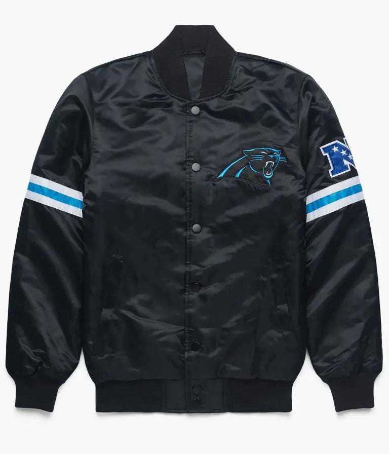 Carolina Panthers Full-Snap Varsity Black Satin Men's Bomber Jacket