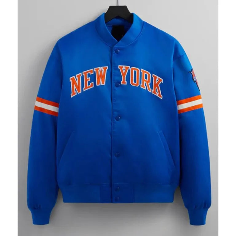 New York Knick Striped Full-Snap Varsity Blue Satin Men's Bomber Jacket