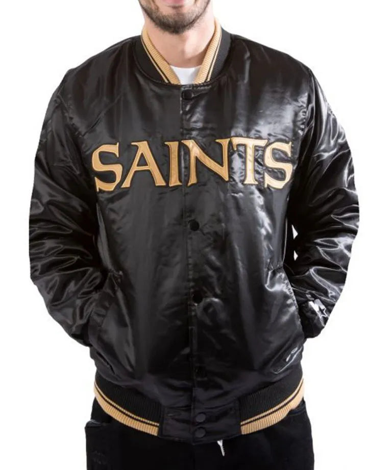 New Orleans Saints Full-Snap Varsity Black Satin Men's Bomber Jacket
