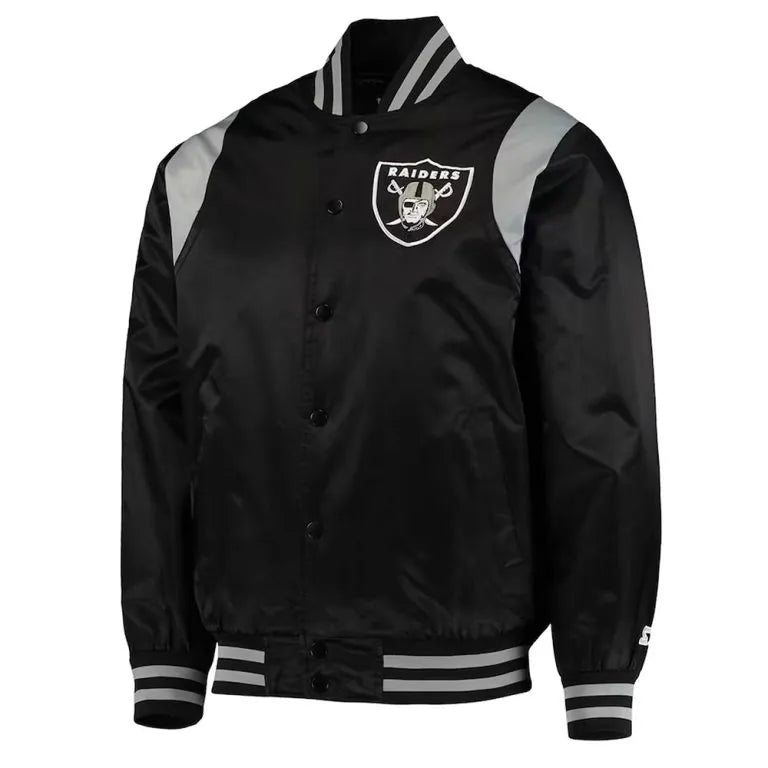 Los Angeles Raiders Prime Time Full-Snap Varsity Black/Silver Satin Men's Bomber Jacket