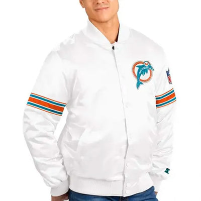 Miami Dolphins The Power Forward Full-Snap Varsity White Satin Men's Bomber Jacket