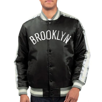 Brooklyn Nets The Offensive Full-Snap Varsity Black Satin Men's Bomber Jacket