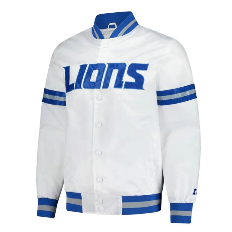 Detroit Lions Scout Full-Snap Varsity White Satin Men's Bomber Jacket