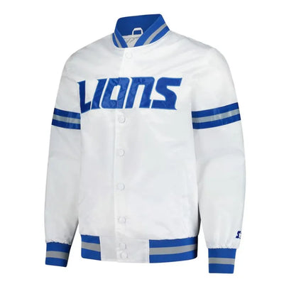 Detroit Lions Scout Full-Snap Varsity White Satin Men's Bomber Jacket