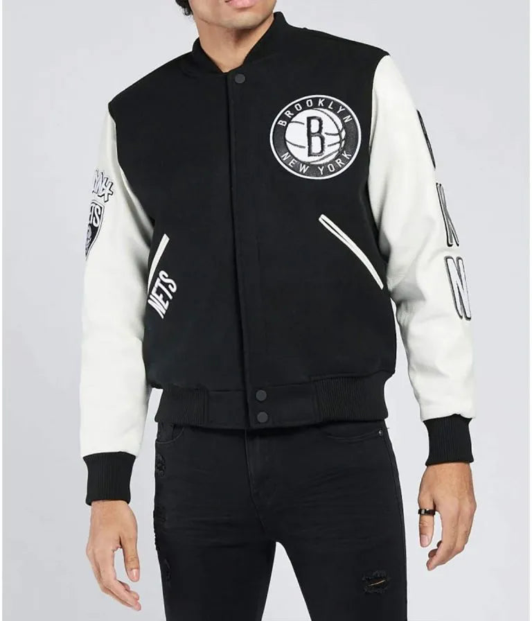 Brooklyn Nets Logo Patches Black Wool & White Genuine Leather Sleeves Men's Varsity Letterman Jacket