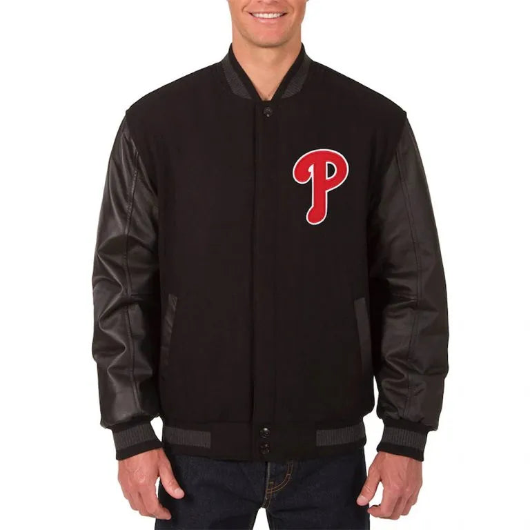Philadelphia Phillies Black Wool and Leather Sleeves Varsity Men's Jacket
