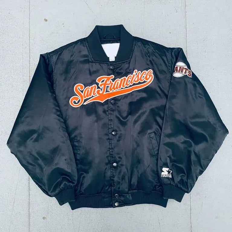 1990’s San Francisco Giants Script Spellout Full-Snap Bomber Navy Blue Satin Men's Jacket