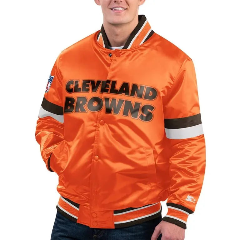 Cleveland Browns Home Game Full-Snap Varsity Rich Orange Satin Men's Bomber Jacket