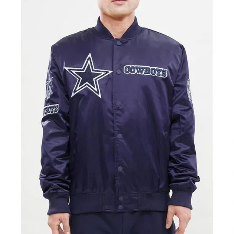 Dallas Cowboys Chest Hit Logo Full-Snap Varsity Navy Blue Satin Men's Bomber Jacket