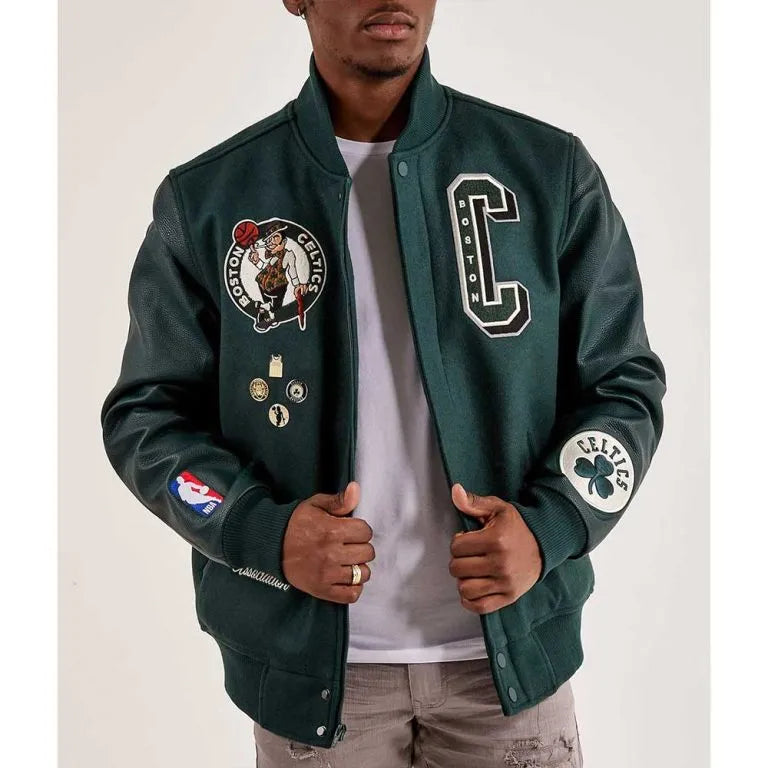 Boston Celtics Dark Green Wool & Genuine Leather Sleeves Men's Varsity Letterman Jacket