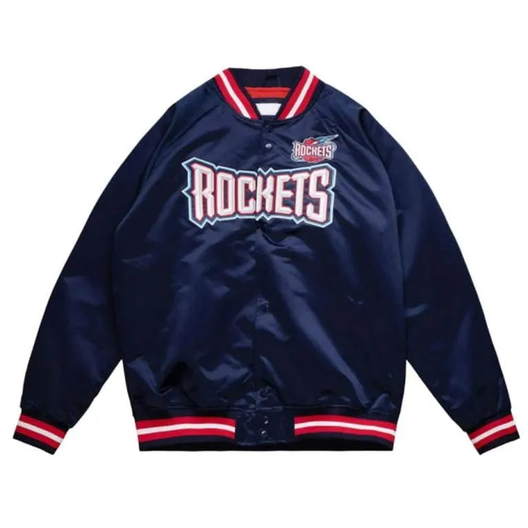 Houston Rockets Lightweight Full-Snap Varsity Navy Blue Satin Men's Bomber Jacket