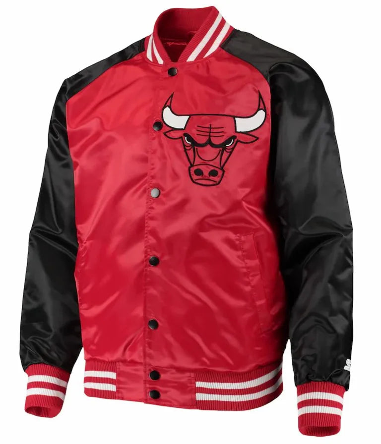 Chicago Bulls Point Guard Full-Snap Varsity Red and Black Satin Men's Bomber Jacket