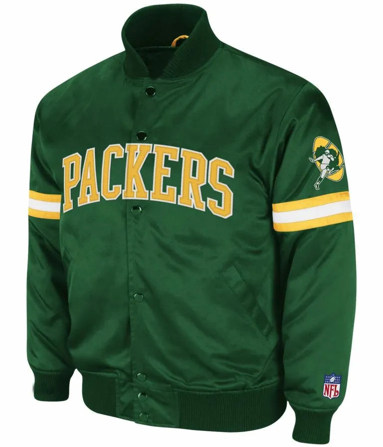 Green Bay Packers Full-Snap Varsity Green Satin Men's Bomber Jacket
