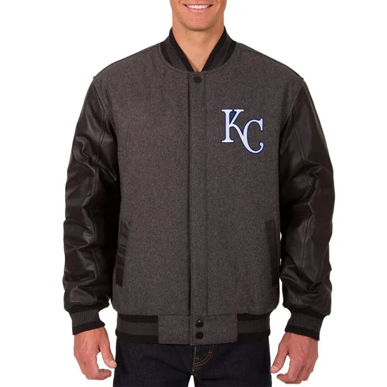 Kansas City Royals Varsity Charcoal Wool & Black Leather Sleeves Men's Jacket