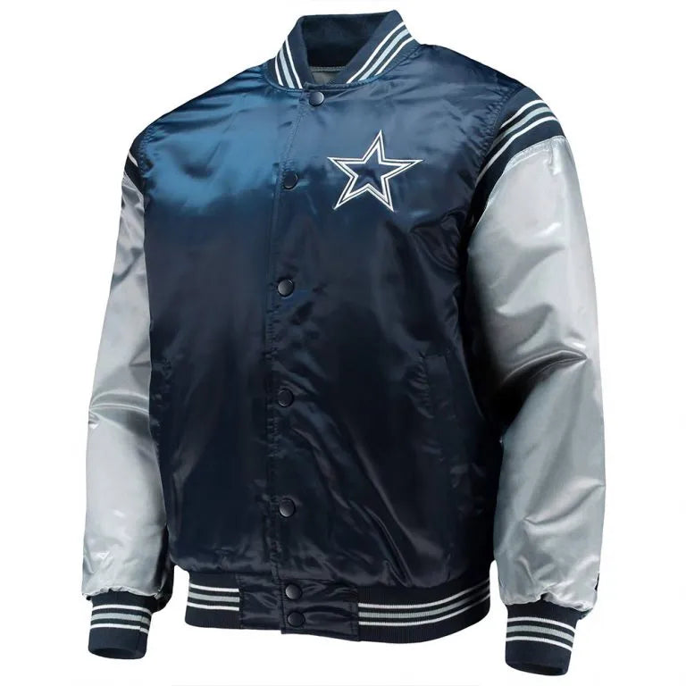 Dallas Cowboys Enforcer Full-Snap Varsity Navy/Silver Satin Men's Bomber Jacket