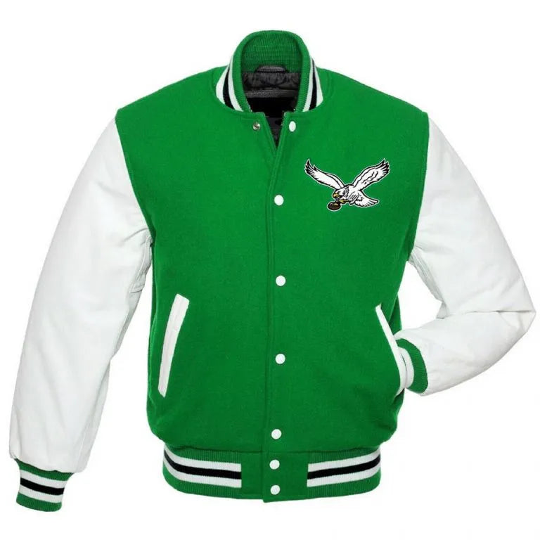 Philadelphia Eagles Vintage Green Wool & White Genuine Leather Sleeves Men's Varsity Letterman Jacket
