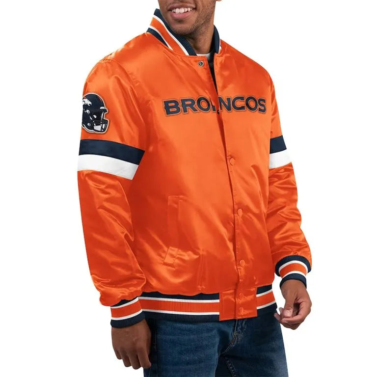 Denver Broncos Home Game Full-Snap Varsity Orange Satin Men's Bomber Jacket