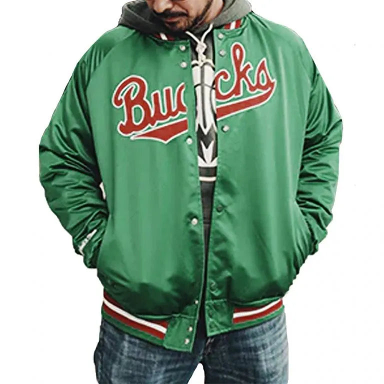 Milwaukee Bucks Hardwood Classics Full-Snap Varsity Green Satin Men's Bomber Jacket