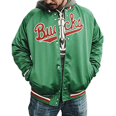Milwaukee Bucks Hardwood Classics Full-Snap Varsity Green Satin Men's Bomber Jacket