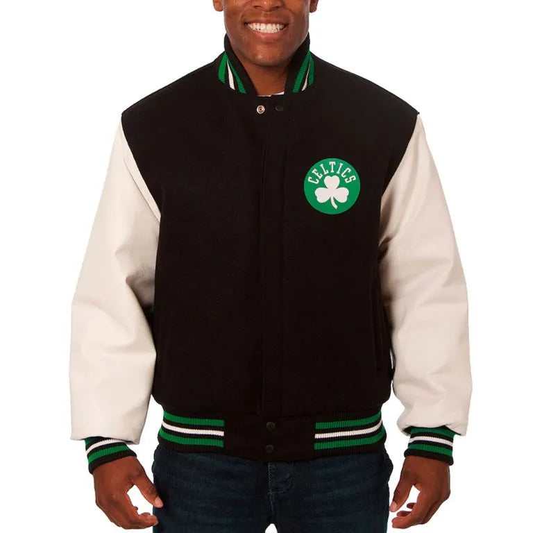 Boston Celtics Black Wool & White Genuine Leather Sleeves Men's Varsity Letterman Jacket