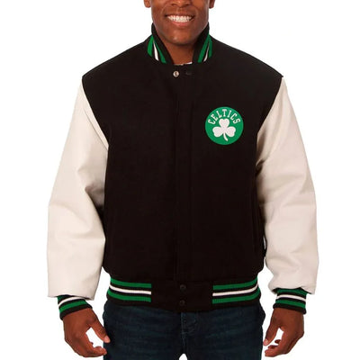 Boston Celtics Black Wool & White Genuine Leather Sleeves Men's Varsity Letterman Jacket