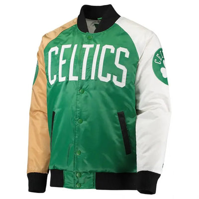 Boston Celtics Remix Full-Snap Varsity Multicolor Green/Gold/White/Black Satin Men's Bomber Jacket