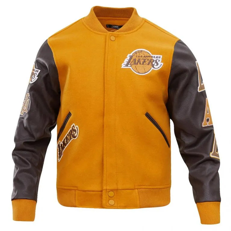 Los Angeles Lakers Classic Varsity Orange Wool & Brown Genuine Leather Sleeves Men's Letterman Jacket