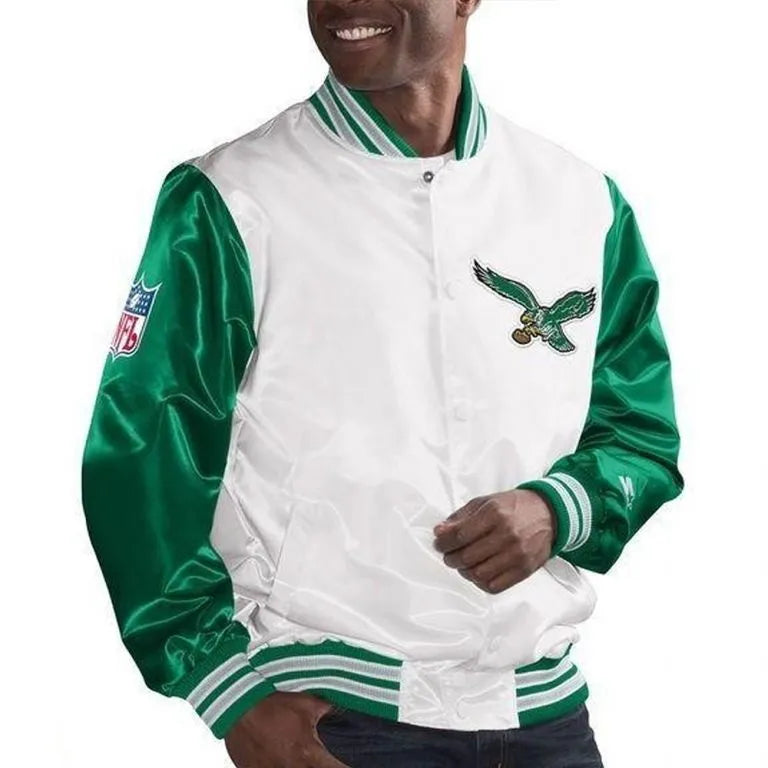 Philadelphia Eagles Legend Full-Snap Varsity Kelly Green & White Satin Men's Bomber Jacket
