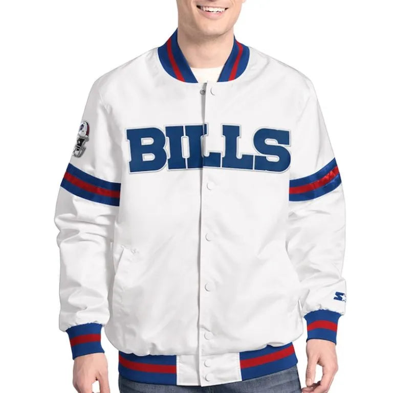 Buffalo Bills Scout Full-Snap Varsity White Satin Men's Bomber Jacket