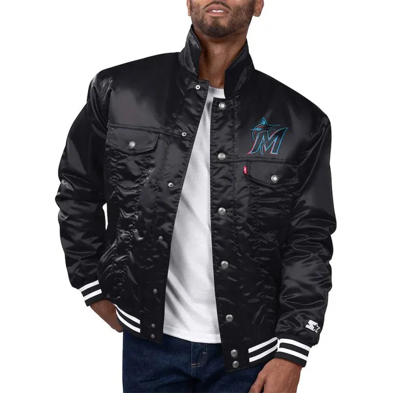 Miami Marlins Silver Tab Trucker Black Full-Snap Satin Men's Jacket