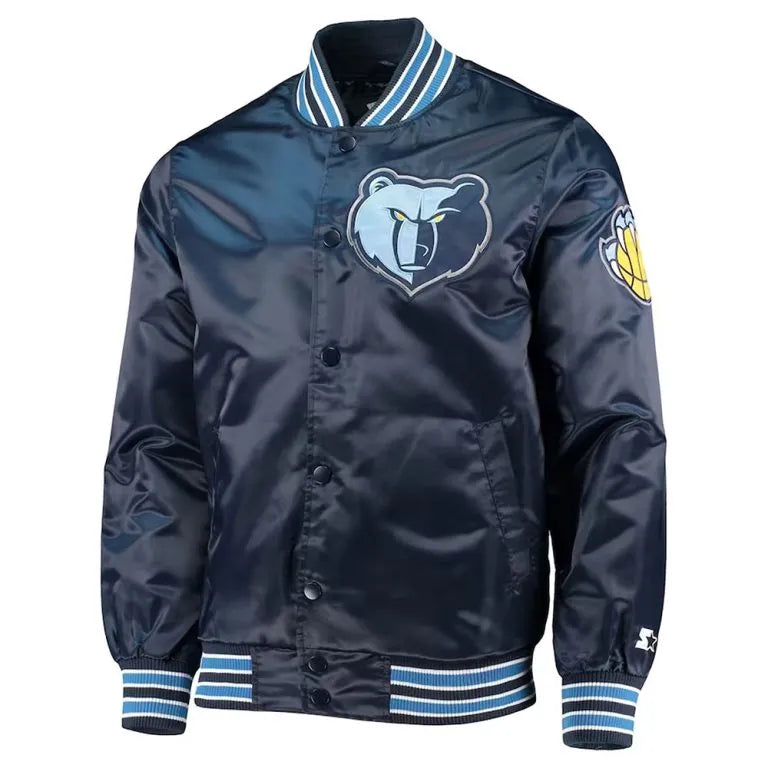 Memphis Grizzlies The Diamond Classic Full-Snap Varsity Navy Blue Satin Men's Bomber Jacket