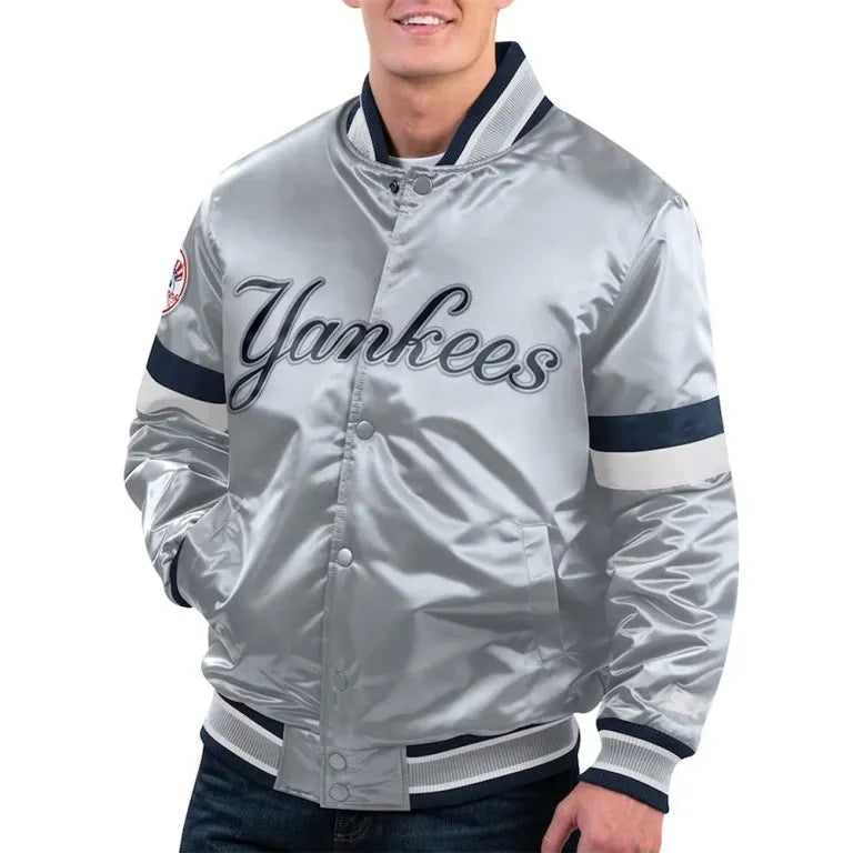 New York Yankees Home Game Varsity Full-Snap Gray Satin Men's Jacket