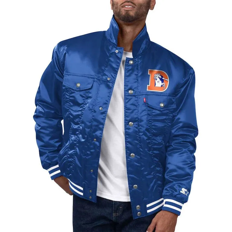 Denver Broncos Silver Tab Trucker Full-Snap Varsity Royal Blue Satin Men's Bomber Jacket