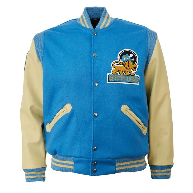 Detroit Lions Matthew Stafford 9 Blue Wool & Beige Genuine Leather Sleeves Men's Varsity Jacket