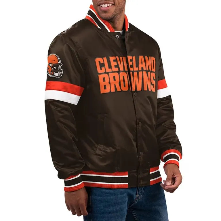 Cleveland Browns Home Game Full-Snap Varsity Brown Satin Men's Bomber Jacket