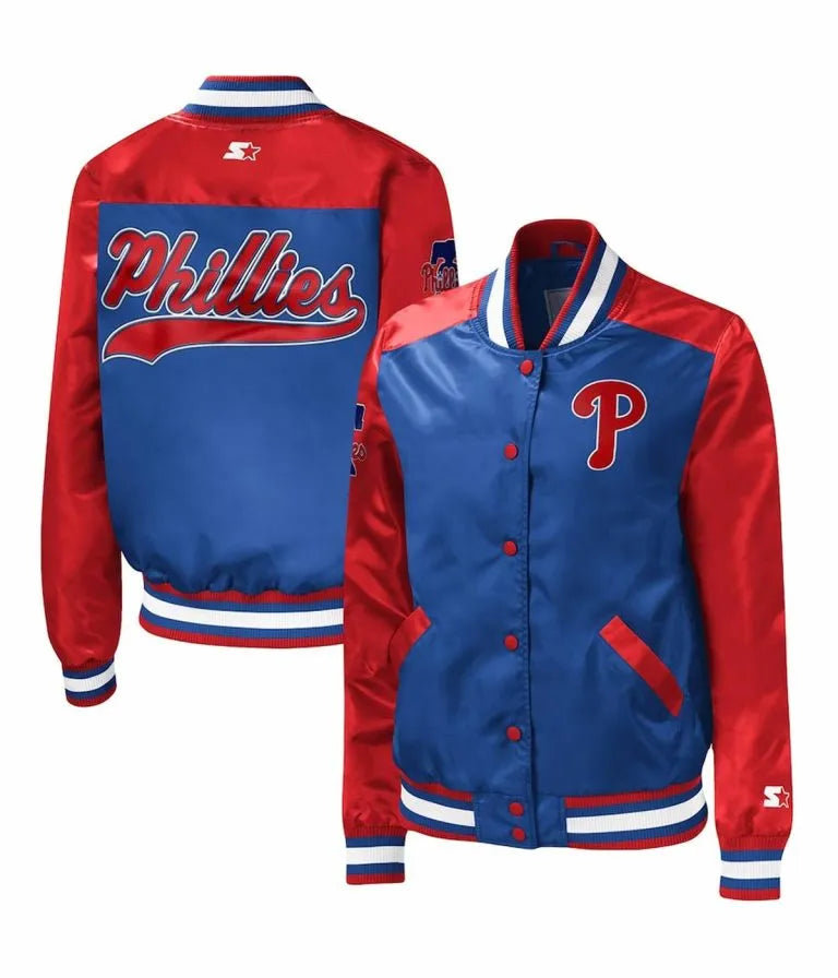 Philadelphia Phillies Full-Snap Royal Blue & Red Satin Men's Bomber Jacket