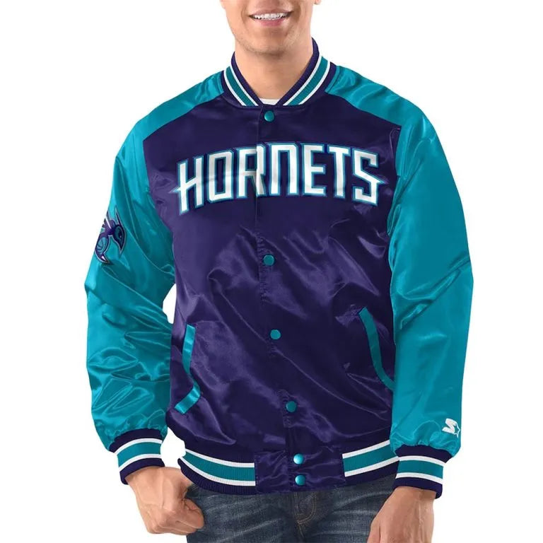 Charlotte Hornets Renegade Full-Snap Varsity Purple/Teal Satin Men's Bomber Jacket