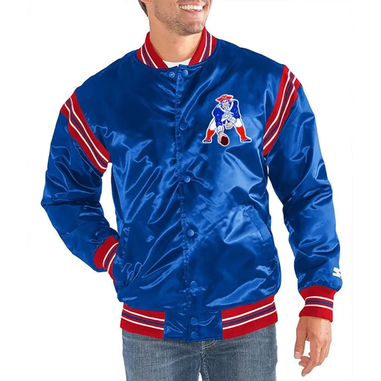 New England Patriots Ben Affleck Full-Snap Varsity Royal Blue Satin Men's Bomber Jacket