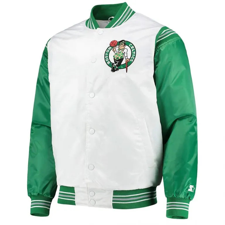 Boston Celtics Full-Snap Varsity White and Kelly Green Satin Men's Bomber Jacket
