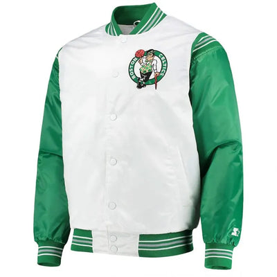 Boston Celtics Full-Snap Varsity White and Kelly Green Satin Men's Bomber Jacket