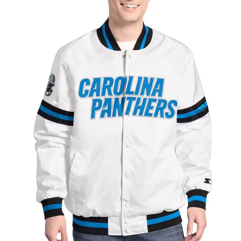 Carolina Panthers Scout Full-Snap Varsity White Satin Men's Bomber Jacket