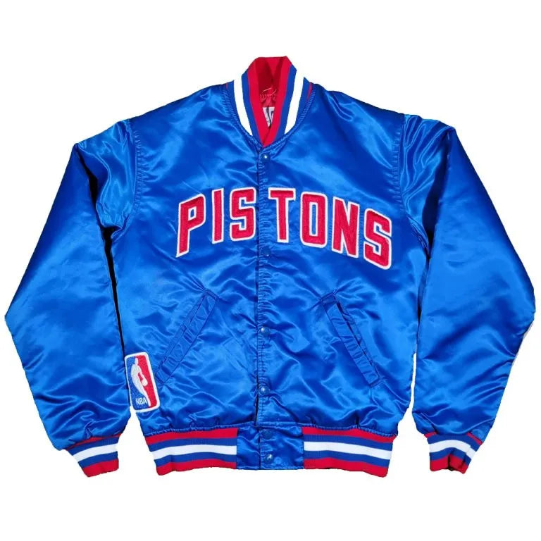 80’s Detroit Pistons Full-Snap Varsity Royal Blue Satin Men's Bomber Jacket